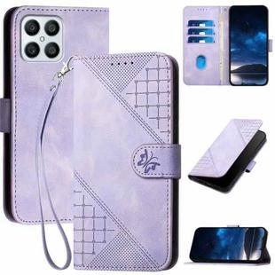 For Honor Play6T Pro Grid Butterfly Embossed Pattern Leather Phone Case with Lanyard(Light Purple)