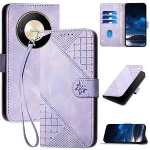 For Honor X50 / X9b Grid Butterfly Embossed Pattern Leather Phone Case with Lanyard(Light Purple)