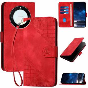 For Honor X40 5G / X9a 5G Grid Butterfly Embossed Pattern Leather Phone Case with Lanyard(Red)