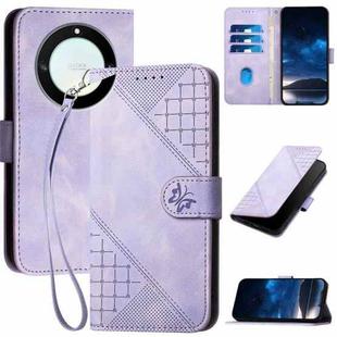 For Honor X40 5G / X9a 5G YX0080 Grid Butterfly Embossed Pattern Flip Leather Phone Case with Lanyard(Light Purple)