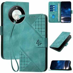 For Honor X50 YX0080 Grid Butterfly Embossed Pattern Flip Leather Phone Case with Lanyard(Light Blue)