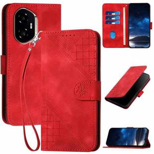 For Honor 300 Grid Butterfly Embossed Pattern Leather Phone Case with Lanyard(Red)