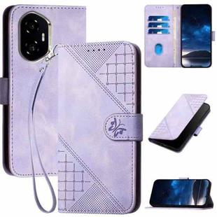 For Honor 300 Grid Butterfly Embossed Pattern Leather Phone Case with Lanyard(Light Purple)