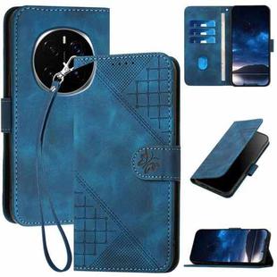 For Honor Magic7 Grid Butterfly Embossed Pattern Leather Phone Case with Lanyard(Dark Blue)