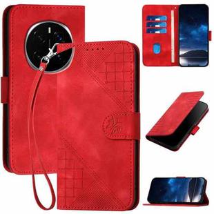 For Honor Magic7 Grid Butterfly Embossed Pattern Leather Phone Case with Lanyard(Red)