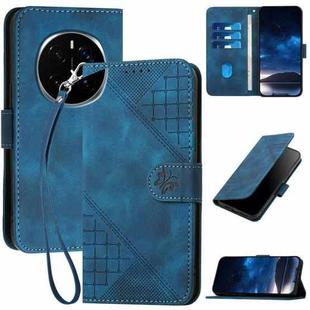 For Honor Magic7 Pro Grid Butterfly Embossed Pattern Leather Phone Case with Lanyard(Dark Blue)