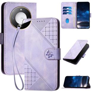 For Honor X60 / X9c Smart Grid Butterfly Embossed Pattern Leather Phone Case with Lanyard(Light Purple)