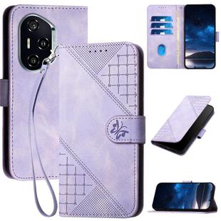 For Honor 400 Grid Butterfly Embossed Pattern Leather Phone Case with Lanyard(Light Purple)
