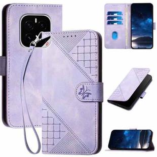 For Honor GT Pro Grid Butterfly Embossed Pattern Leather Phone Case with Lanyard(Light Purple)