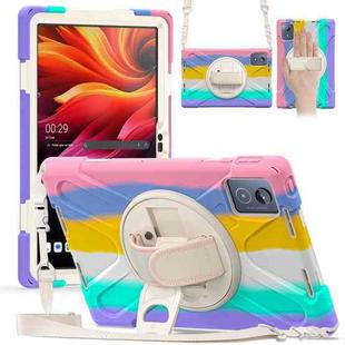 For Lenovo Tab K11 Plus Rotatable Holder Silicone Hybrid PC Tablet Case with Shoulder Strap(Colorful Pink)