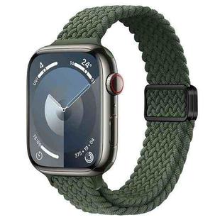 For Apple Watch SE 2023 44mm Slim Magnetic Buckle Nylon Braided Watch Band(Dark Olive Green)