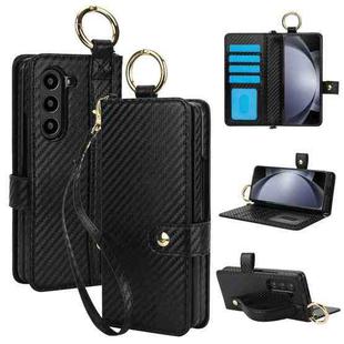 For Samsung Galaxy Z Fold4 Solid Color Wristband Ring RFID Leather Phone Case with Lanyard(Carbon Fiber Black)