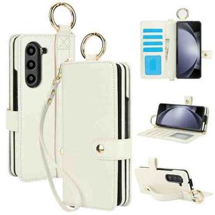 For Samsung Galaxy Z Fold4 Solid Color Wristband Ring RFID Leather Phone Case with Lanyard(Beige)