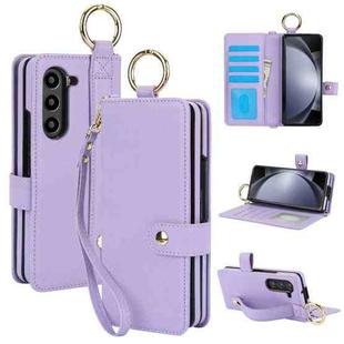 For Samsung Galaxy Z Fold4 Solid Color Wristband Ring RFID Leather Phone Case with Lanyard(Purple)