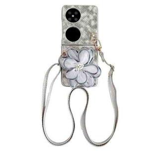 For Huawei P50 Pocket Colorful Woven Pattern 3D Yarn Flower Phone Case with Lanyard(White)