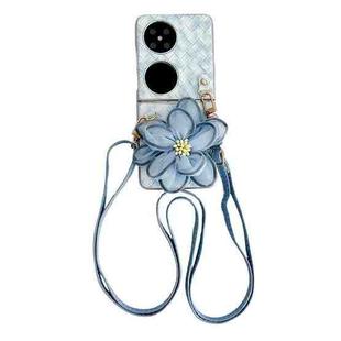 For Huawei P50 Pocket Colorful Woven Pattern 3D Yarn Flower Phone Case with Lanyard(Blue)