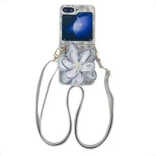 For Samsung Galaxy Z Flip5 Colorful Woven Pattern 3D Yarn Flower Phone Case with Lanyard(White)