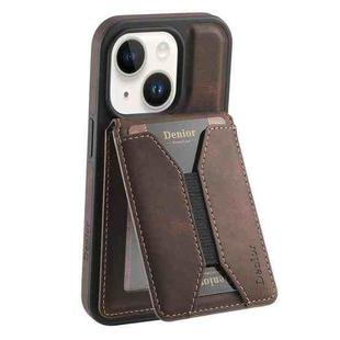 For iPhone 15 Plus / 14 Plus Denior D18 Skin Feel Rotating Holder MagSafe Detachable Card Slot Phone Case(Brown)