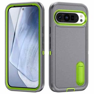 For Google Pixel 9 Pro Rugged PC + Silicone Phone Case with Holder(Grey+Fresh Green)