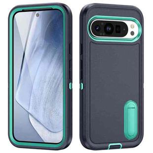 For Google Pixel 9 Pro Rugged PC + Silicone Phone Case with Holder(Dark Blue+Light Green)