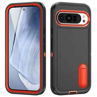 For Google Pixel 9 Rugged PC + Silicone Phone Case with Holder(Black+Orange)