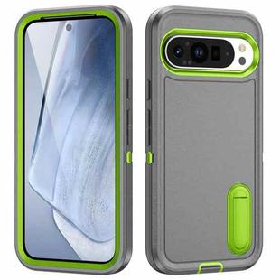 For Google Pixel 9 Rugged PC + Silicone Phone Case with Holder(Grey+Fresh Green)