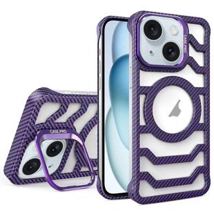 For iPhone 15 Borderless Carbon Fiber Lens Protection Bracket MagSafe Phone Case(Purple)