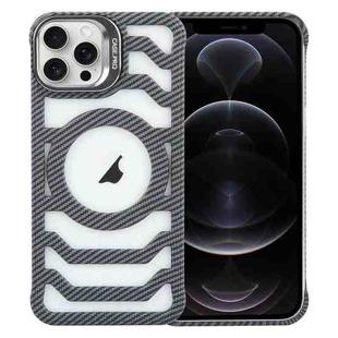 For iPhone 12 Pro Borderless Carbon Fiber Lens Protection Bracket MagSafe Phone Case(Grey)