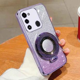 For Tecno Spark Go 2022 Plated Gradient Glitter Round Holder TPU Phone Case(Purple)