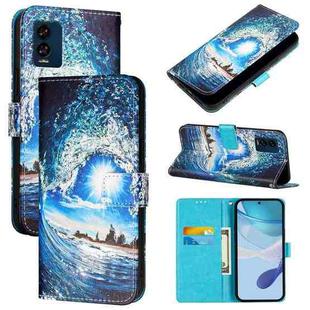 For BLU View Speed 5G Colored Drawing Pattern Plain Weave Leather Phone Case(Waves And Sun)