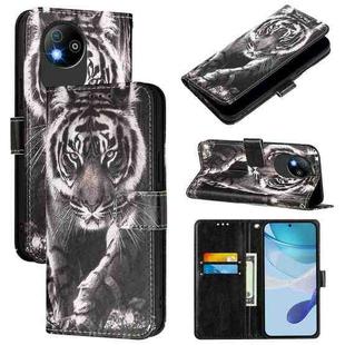 For ZTE Blade A35 Lite / A35 Core Colored Drawing Pattern Plain Weave Leather Phone Case(Black And White Tiger)