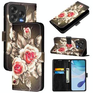 For ZTE Blade V70 Design Colored Drawing Pattern Plain Weave Leather Phone Case(Roses On Black)