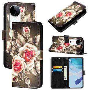 For vivo S19 Colored Drawing Pattern Plain Weave Leather Phone Case(Roses On Black)