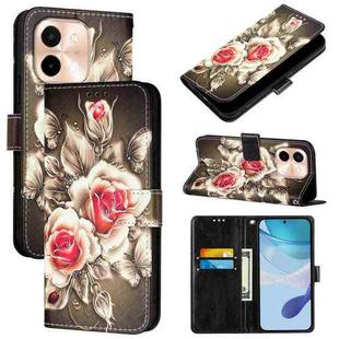 For vivo Y28 4G Colored Drawing Pattern Plain Weave Leather Phone Case(Roses On Black)