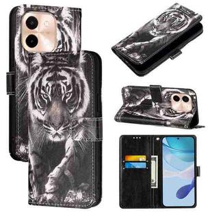 For vivo Y28 4G Colored Drawing Pattern Plain Weave Leather Phone Case(Black And White Tiger)