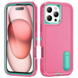 For iPhone 16 Pro Max Rugged PC + Silicone Phone Case with Holder(Rose Red+Light Green)