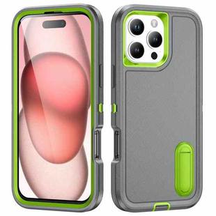 For iPhone 16 Pro Max Rugged PC + Silicone Phone Case with Holder(Grey+Fresh Green)