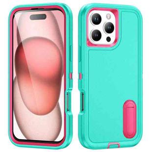 For iPhone 16 Pro Max Rugged PC + Silicone Phone Case with Holder(Light Green+Rose Red)