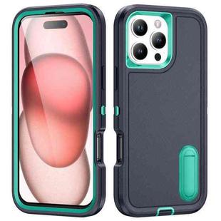 For iPhone 16 Pro Max Rugged PC + Silicone Phone Case with Holder(Dark Blue+Light Green)