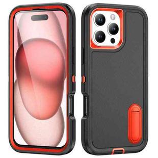 For iPhone 16 Pro Rugged PC + Silicone Phone Case with Holder(Black+Orange)