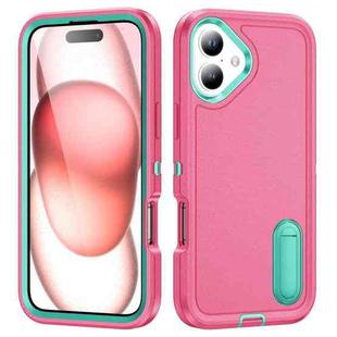 For iPhone 16 Plus Rugged PC + Silicone Phone Case with Holder(Rose Red+Light Green)