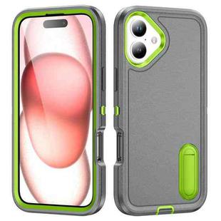 For iPhone 16 Plus Rugged PC + Silicone Phone Case with Holder(Grey+Fresh Green)