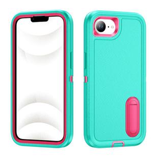 For iPhone 16e Rugged PC + Silicone Phone Case with Holder(Light Green+Rose Red)