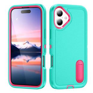 For iPhone 17 Rugged PC + Silicone Phone Case with Holder(Light Green+Rose Red)
