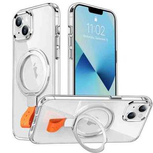 For iPhone 13 Holder Hand Strap MagSafe Transparent Phone Case(Transparent Silver + Orange Strap)