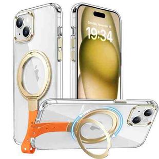 For iPhone 15 Holder Hand Strap MagSafe Transparent Phone Case(Transparent Gold + Orange Strap)