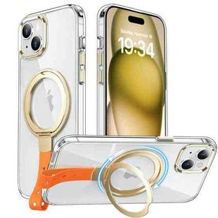 For iPhone 15 Plus Holder Hand Strap MagSafe Transparent Phone Case(Transparent Gold + Orange Strap)