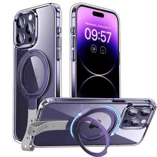 For iPhone 14 Pro Holder Hand Strap MagSafe Transparent Phone Case(Purple + Grey Strap)