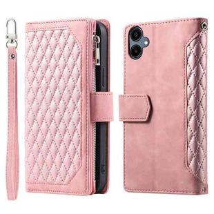 For Samsung Galaxy A06 5G / 4G Grid Texture Zipper Leather Phone Case with Lanyard(Rose Gold)