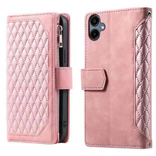 For Samsung Galaxy A07 4G Grid Texture Zipper Leather Phone Case with Lanyard(Rose Gold)